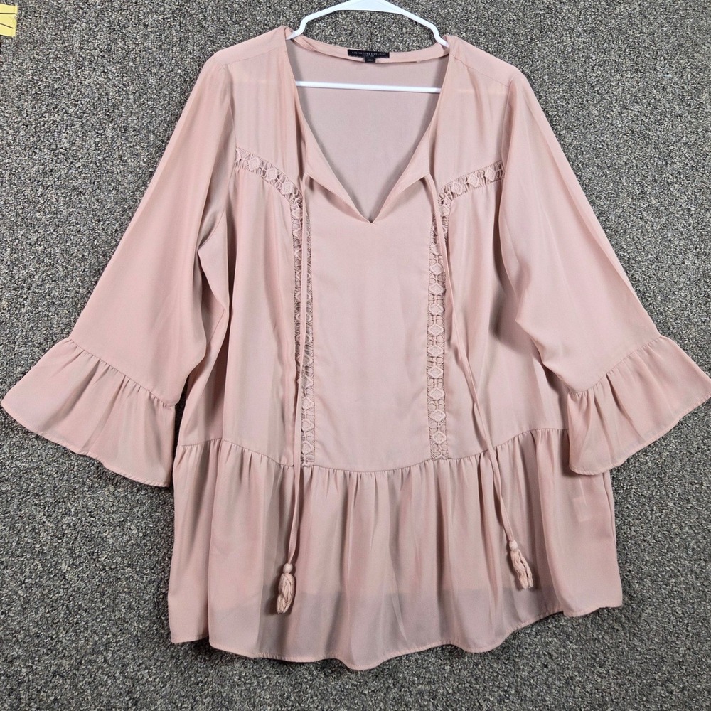 Signature Studio Blouse Womens 1X Pink‎ Boho Lace Peplum Tassel Tie Bell Sleeve